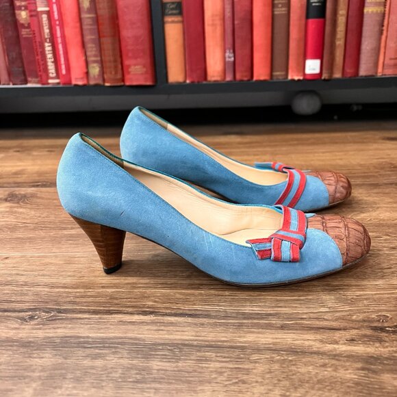 Moneta Blu Anthro Retro Blue Suede Heels Rockabilly 8 - Picture 6 of 15